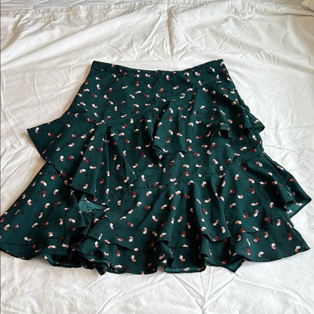 Ranna Gill Green Mini Asymmetrical Skirt with Ruffled Tiered Design